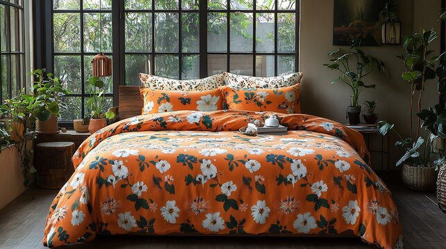 Vibrant bohemian bedding set featuring intricate patterns and bold colors laid across a rustic wooden bed frame surrounded by plants and natural light for an artistic vibe