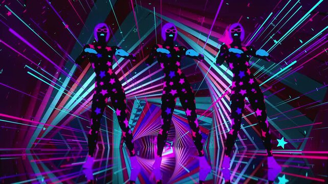 4K seamless VJ loop with stylized dancing figures, glowing accents, and geometric shapes for VJ sets, high-tech club visuals, electronic music festivals, stage screens and for LED video walls