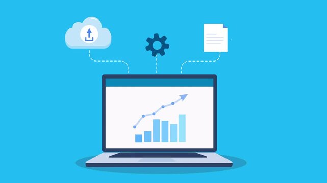 Flat animated video of a laptop displaying rising analytics charts with upload, settings, and file icons, representing data processing, workflow management, and digital business performance.