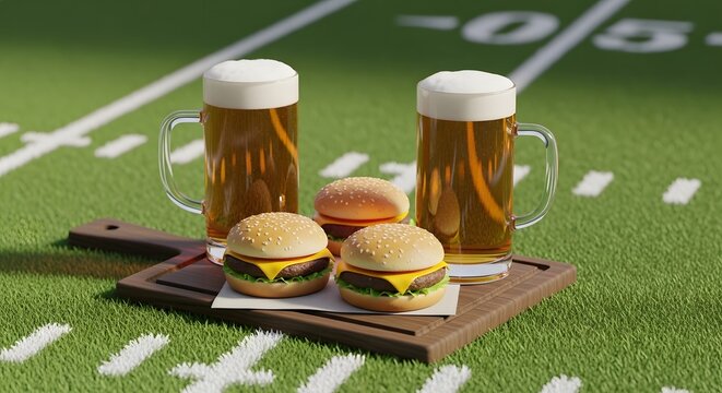 Game day feast burgers and beers on a wooden board in a stadium setting