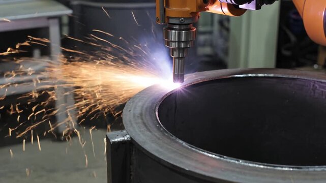 A person operates a welding machine on a large metal pipe in an industrial setting.