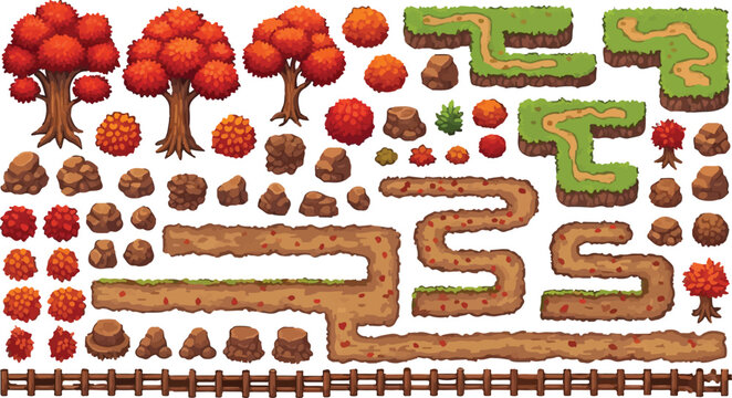 Pixel art game assets for autumn landscape design, retro 8-bit forest environment with red trees and dirt paths, vintage video game level construction kit vector set isolated PNG with