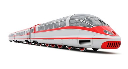 Fototapeta premium Sleek modern high speed passenger train with aerodynamic design and panoramic windows traveling on tracks isolated on white background