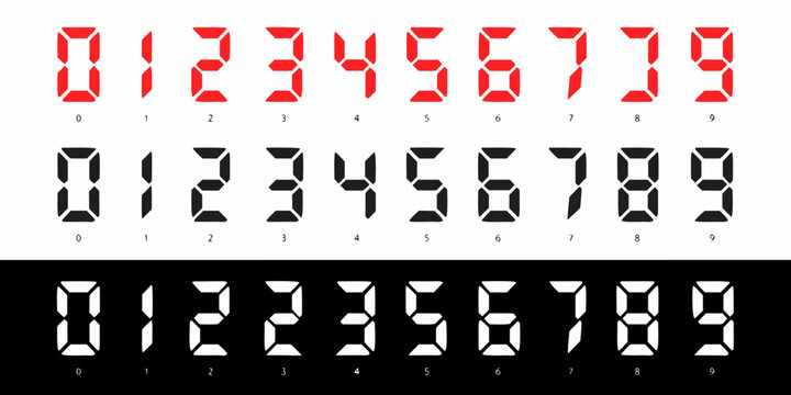 "A professional, high-resolution vector icon set of digital 7-segment display numbers from 0 to 9, isolated on a dual-tone background. The collection features three distinct color variations: vibrant 