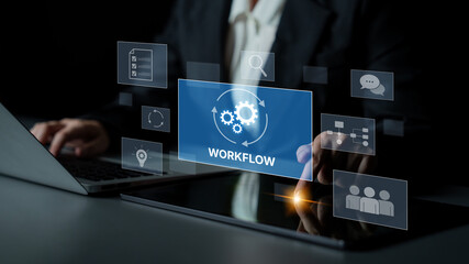 Obraz premium Workflow optimization concept featuring interconnected gears, task management, collaboration, process mapping, review, and automation for business productivity and efficiency Latch