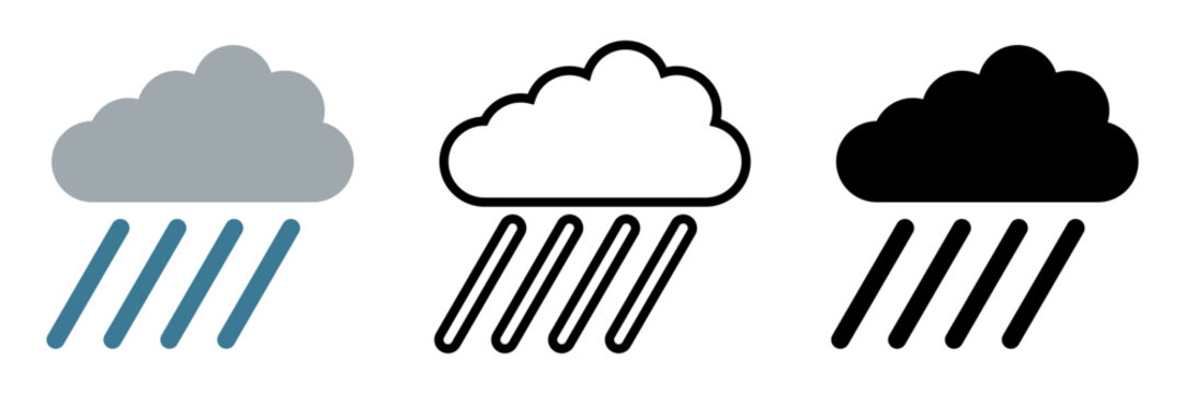 雨アイコンセット 雲と雨の天気シンボル シンプルなカラー・線画・シルエットUIベクター素材 / Rain icon set cloud rainy weather symbol simple outline silhouette vector
