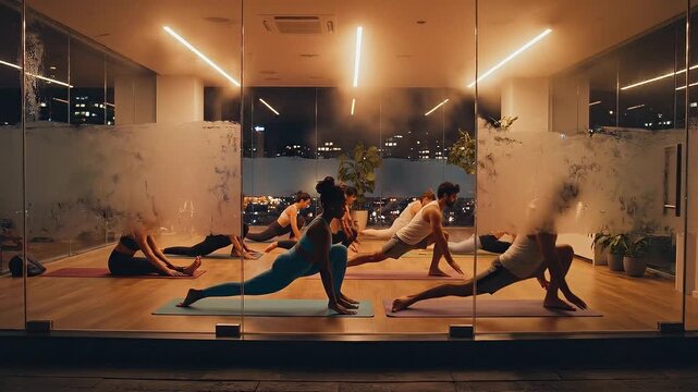 Group practicing hot yoga in a modern city studio at night