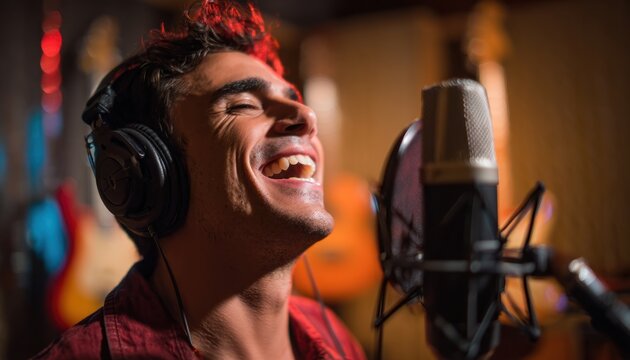 Brazilian singer ze teixeira recording in a sound studio with professional microphone and headphones