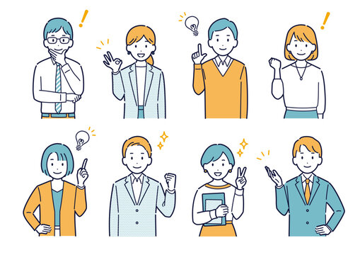 明るい表情をするビジネスパーソンのイラストセット＿上半身