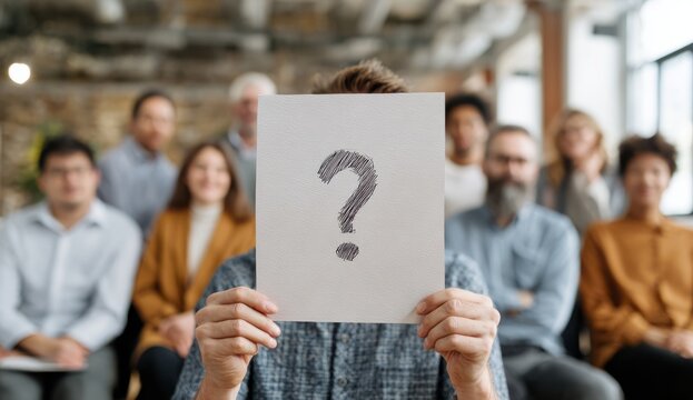 Business person holding animated movie a blank white paper sign with a gray question mark in front of a diverse audience in a modern office setting