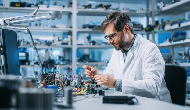 An engineer in a white lab coat repairing electronic circuit components on a workbench in a high-tech laboratory