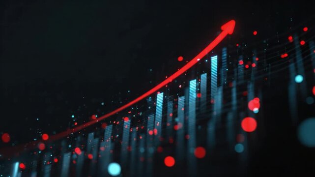 Soaring Statistics: An upward-trending red arrow pierces through a sea of dynamic bars and glowing data points, highlighting growth and progress in a business or scientific context.