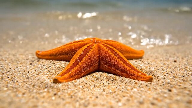 Orange starfish resting on sand with waves in background