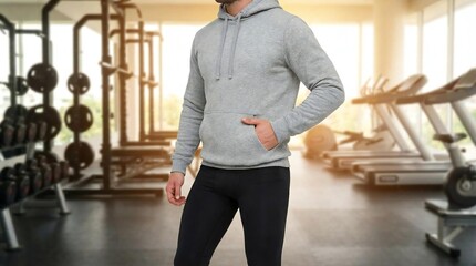 Fototapeta premium Man dressed in comfortable grey hoodie for mockup, sweatpants casual apparel. Urban lifestyle, relaxed fashion style. Suitable for various scenarios, everyday wear or sports.