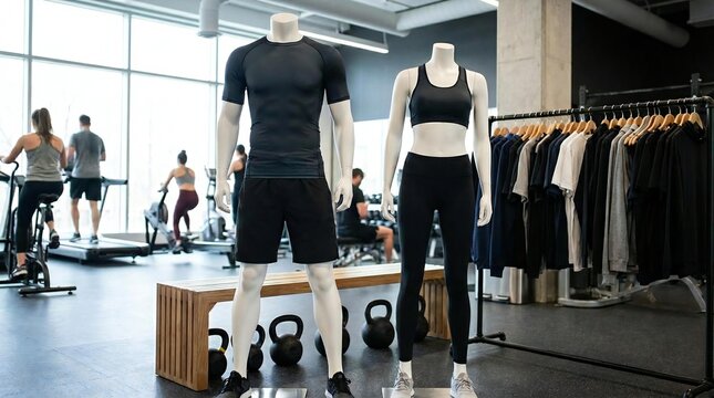 Male and female mannequins dressed in sportswear with black leggings and sports bra in a fitness studio setting.