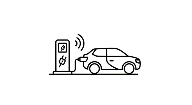 Electric Vehicle Charging at a Smart Power Station with Wireless Connectivity Icon, Minimalist Line Art Vector Illustration