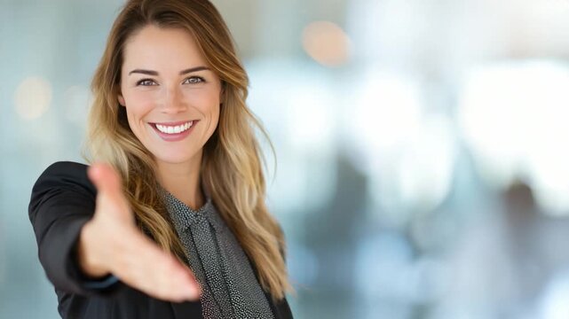 Warm Welcome: A professional woman extends a hand in a gesture of greeting and goodwill, embodying approachability and partnership.