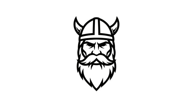 Viking Warrior Head Mascot with Horned Helmet and Long Beard, Norse Mythology Vector Illustration for Logo or Icon.