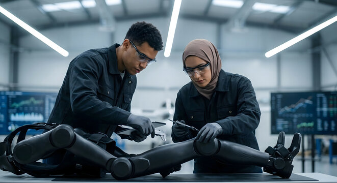Equipo de ingenieros diverso trabajando en el desarrollo de una pr&oacute;tesis bi&oacute;nica avanzada en un laboratorio de rob&oacute;tica