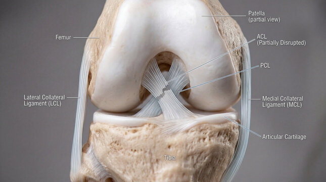 Knee visualization: Femur, tibia, ligaments, partially disrupted ACL
