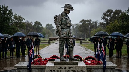 Obraz premium Beautiful red memorial wreaths rest gracefully before a towering soldier statue during rainy weather, offering a powerful Anzac Day remembrance scene honoring incredibly brave military sacrifices.