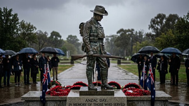 Beautiful red memorial wreaths rest gracefully before a towering soldier statue during rainy weather, offering a powerful Anzac Day remembrance scene honoring incredibly brave military sacrifices.