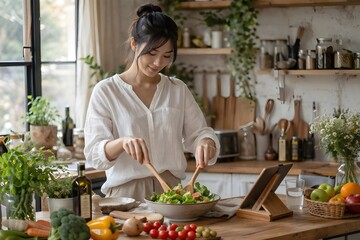Naklejka premium Asian woman preparing healthy salad in cozy kitchen – clean eating and home cooking lifestyle