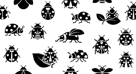 Fototapeta premium Ladybug seamless pattern background with black insect silhouettes and leaves representing nature gardening and spring wildlife
