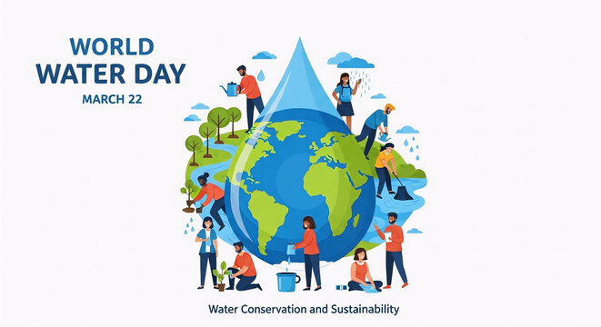 World Water Day, water conservation, sustainability illustration, eco-friendly, earth globe