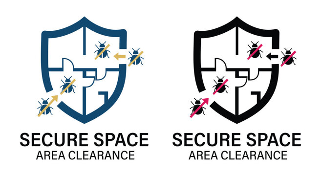 Secure Space Area Clearance Pest Control Logo Featuring Shield and Bug Silhouette Icon for Professional Fumigation and Home Protection Services