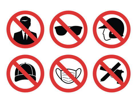 Prohibition signs illustration set, no hoodie sunglasses helmet hat mask gun and knife symbols for safety rules and restricted access signage.