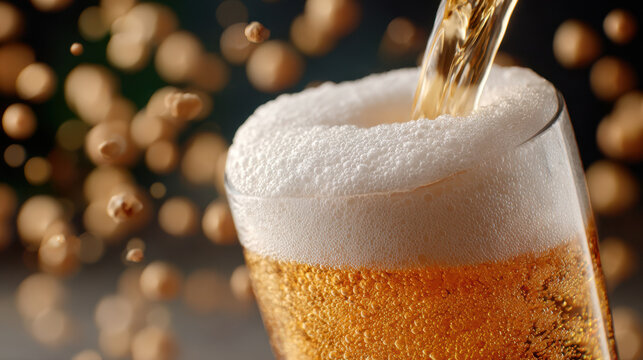 Closeup golden beer pouring into a tilted clear glass with frothy head and sparkling bubbles for beverage advertisement banner and background