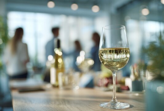Celebration or social gathering with drinks in a modern indoor setting with blurred background of people
