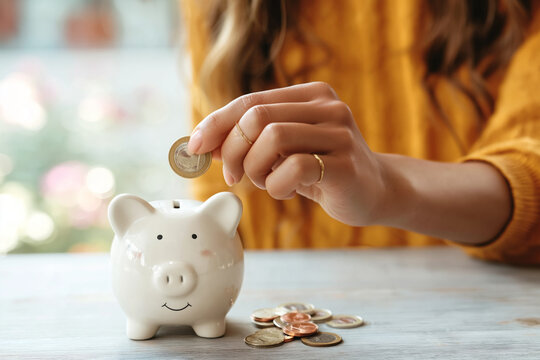 A person gently places a shiny coin into a charming white piggy bank on a light wooden table indoors under soft natural light symbolizing savings and 
