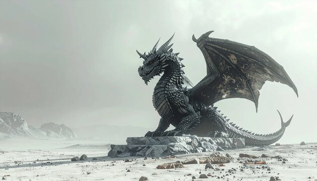 Majestic Dragon Statue in a Mystical, Foggy Landscape.