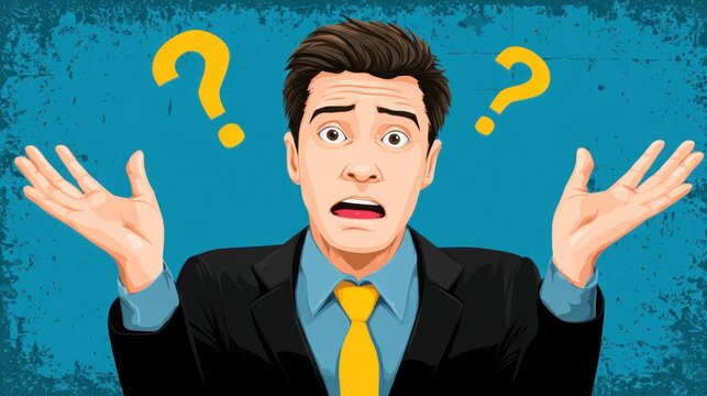 A bewildered man in a suit gestures with palms up under floating yellow question marks