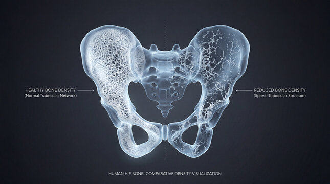 Illustrative comparison of human hip bone density showcasing robust healthy trabeculae versus a sparse, weakened state