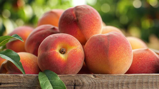 Fresh Ripe Peaches Harvested From Orchard Displayed on Wooden Table.