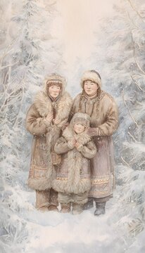 North Evenk Family Portrait Warm Watercolor Illustration Snowy Forest Traditional Clothing Artistic Depiction