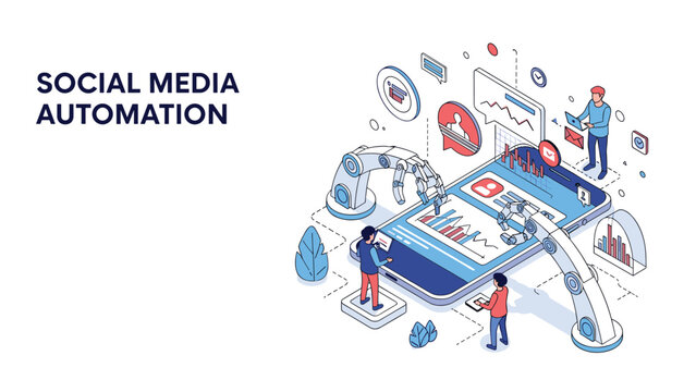 Isometric design illustrating social media automation with robotic arms managing content and engagement on a large smartphone screen.