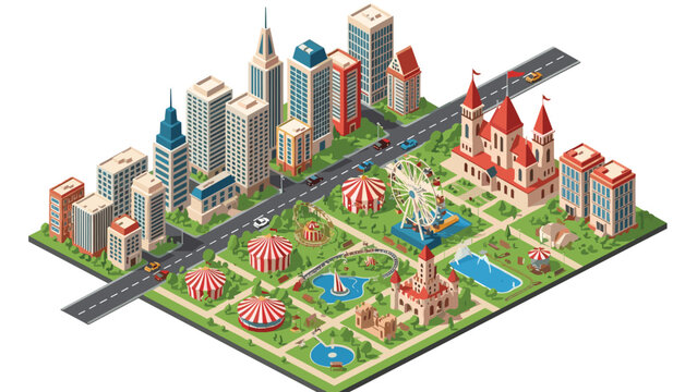 Isometric view of a bustling city featuring a large amusement park with a ferris wheel and colorful circus tents.