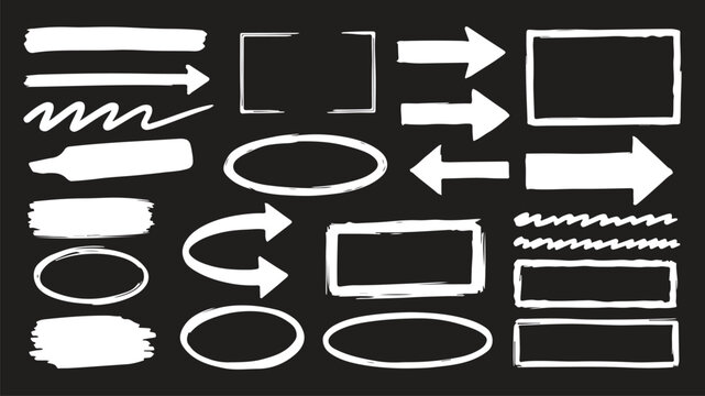 Various black brush drawn curved arrows. Collection doodle marker thick arrows in different directions. Grunge rough direction shape for design. 