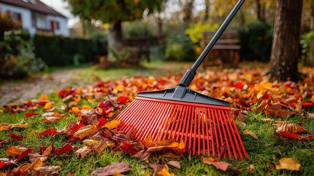 A red rake rests on a bed of colorful leaves on a grassy lawn. Background includes a house