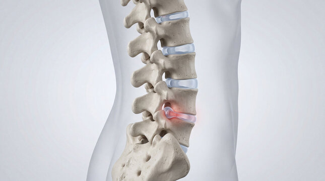 Vulnerable lumbar spine model depicting a painful disc herniation causing distress and potential nerve compression