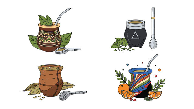 Collection of different traditional yerba mate cups and straws is shown with green leaves and orange fruit accents.