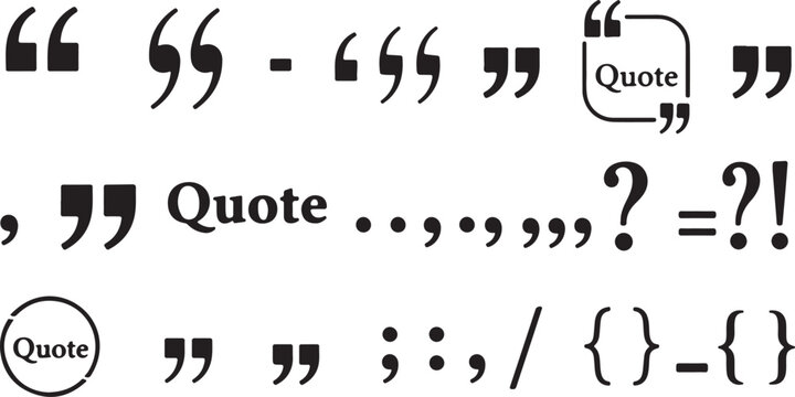 A collection of black vector punctuation marks, including quotation marks, question marks, and quote bubble frames for typography and layout design.