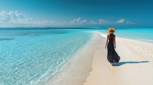 A woman in a flowing dress and hat walks on a sandbar surrounded by turquoise water