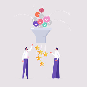 Online positive review concept, customer feedback evaluation, customer putting positive feedback into a large funnel to generate gold star, customer experience