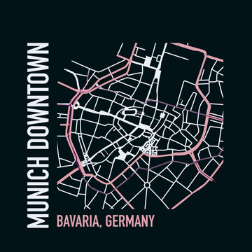 Marienplatz district, Munich vector mapping. Germany city map illustration for poster, print, social media post. Simple and editable layout of downtown area plan