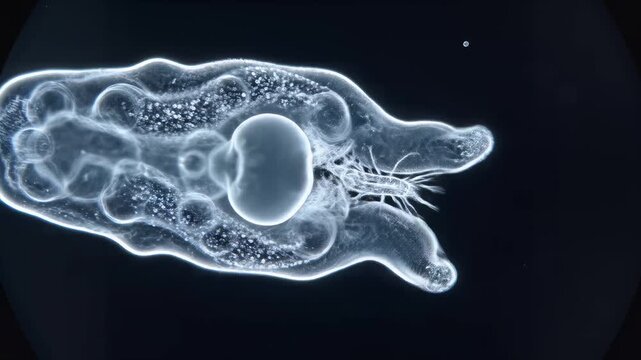 Microscopic rotifer capturing prey, detailed biological footage under darkfield illumination, aquatic environment, symbolizing nature predatory cycle